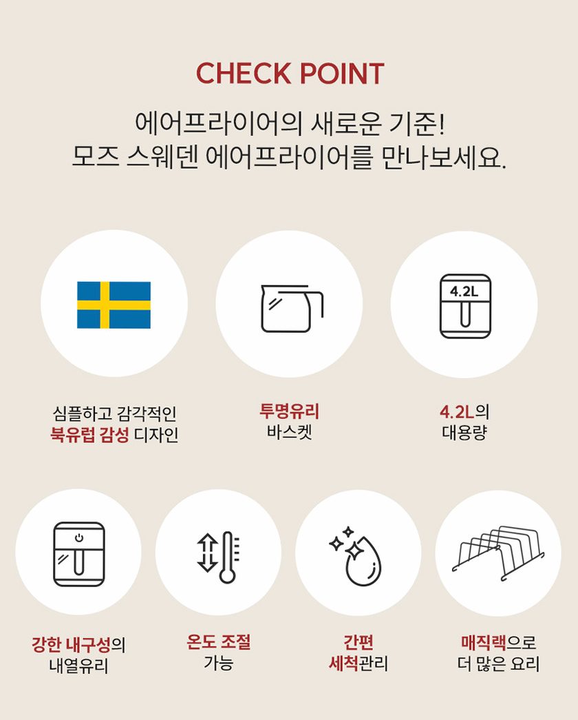 모즈스웨덴 글라스 에어프라이어 4.2L MA-5000G 아이보리 에어프라이기